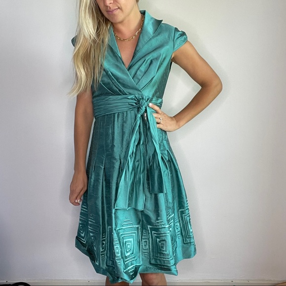 Adrianna Papell Aqua Green Tie Belt Collared Dress - Picture 11 of 11